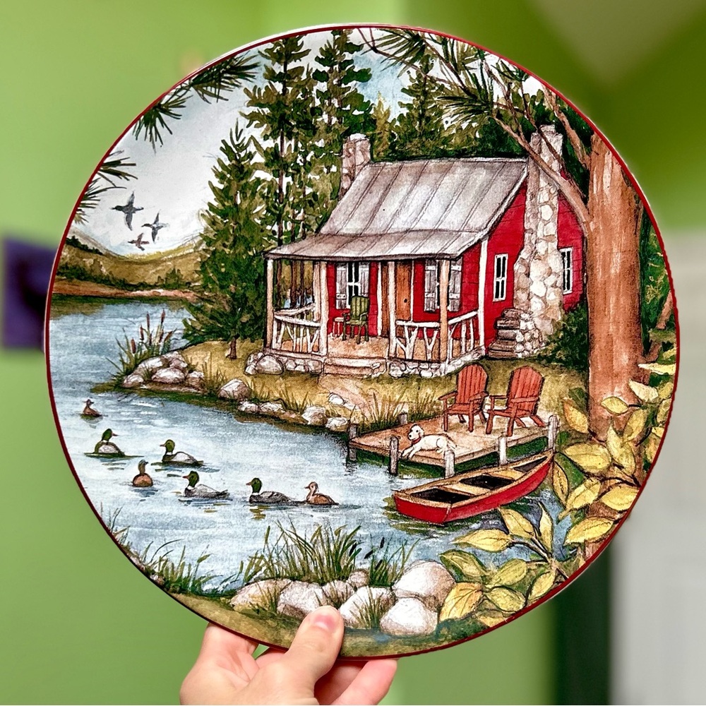 VTG Cabin on Lake Still Life Ceramic Kitchenware Plate Certified International